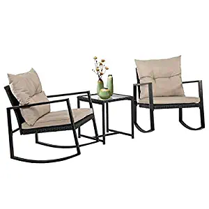 Wicker Patio Furniture Sets Outdoor Bistro Set Rocking Chair 3 Piece Patio Set Rattan Chair Conversation Set for Backyard Porch Poolside Lawn with Coffee Table,Black