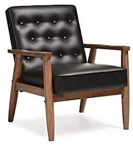 Baxton Studio Sorrento Mid-Century Retro Modern Faux Leather Upholstered Wooden Lounge Chair, Black