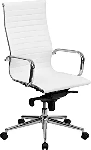 Emma + Oliver High Back White Ribbed Leather Swivel Office Chair with Knee-Tilt Control