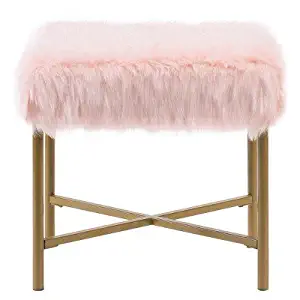 HomePop Faux Fur SquareStool with Metal Legs, Pink