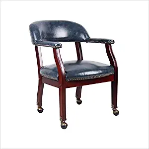 Boss Captain's Guest Arm Chair, with Casters, Blue/Mahogany