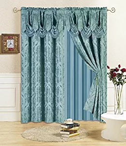 All American Collection New 4 Piece Drape Set with Attached Valance and Sheer with 2 Tie Backs Included (84" Length, Teal)