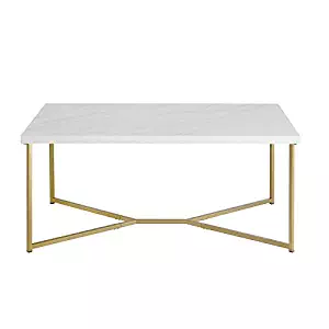 Pemberly Row Rectangle Coffee Table in White Faux Marble and Gold