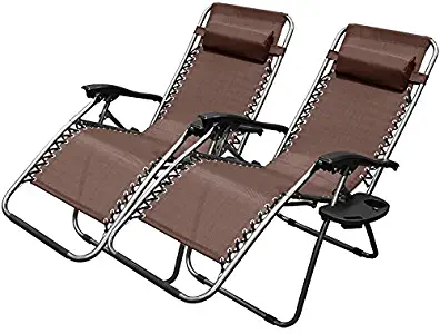 XtremepowerUS Adjustable Reclining Lounge Chairs with Cup Holder, Brown, Set of 2