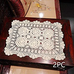 Damanni 15 Inch by 19 Inch Rectangular Cotton Handmade Crochet Lace Table Runner Doilies for Coffee Table Dresser Scarf Décor，2PC/Set (15x19 Inch, Beige)