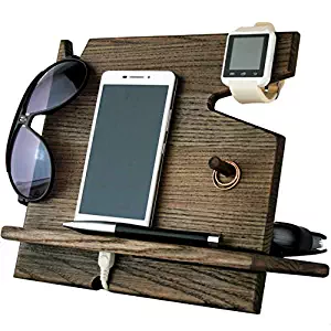 Wooden Cell Phone Stand. Nightstand Multiple Charging Dock Watches Holder. Wood Valet Key Tray Organizer. Mens Desk Docking Station. Smart Watch Mobile Devices Base. Bed Side Storage Caddy Men Gifts