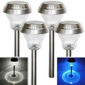 Solar Lights Outdoor Pathway Decorative Garden Light Stakes Waterproof Landscape Lighting Stake Glass Lens Stainless Steel Driveway Stake Makers Bright 2 Color LED White Blue for Outside Yard 4Pack