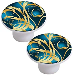 Set of 2 Gold Teal Elegant Pattern Ceramic Cabinet Drawer Knobs