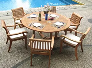 New 7 Pc Luxurious Grade-A Teak Dining Set - 60" Round Table And 6 Stacking Arbor Arm Chairs #WHDSAB7