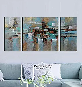 Teal Blue Abstract Oil Painting on Canvas Gallery-Wrapped Lost in The Rain 100% Hand-Painted Wall Art Decor Home Decoration 3-Piece for Living Room Bedroom and Office 30x60inch