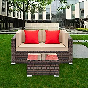 Tenozek Wicker Loveseat, Wicker Corner Patio Furniture, Outdoor Patio Sectional Sofa All-Weather PE Rattan Couch Conversation Chair w/Coffee Table for Backyard, Pool(Brown, 2 Seats + Coffee Table)