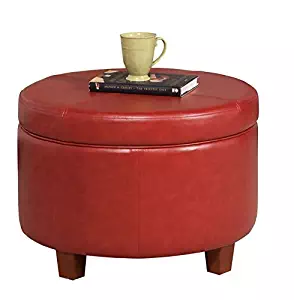 HomePop Round Leatherette Storage Ottoman with Lid, Cinnamon Red