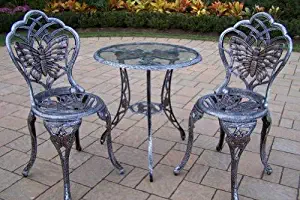 Oakland Living Butterfly Cast Aluminum 24-Inch Glass Top Table with 3-Piece Bistro Set, Antique Pewter