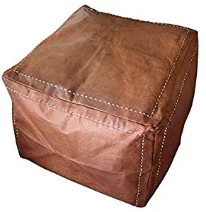 Six Canyons Square Cognac Distressed Leather Ottoman No Stuffing – 20x20x20 Inch Authentic Handmade Moroccan Pouf – Delivered Flat Unstuffed – 100% Morocco Tan Goatskin True Worn Leather