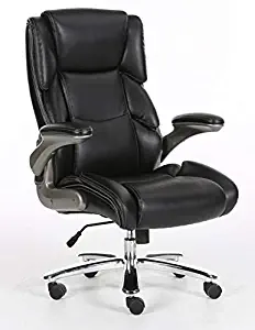 Big and Tall Black Bonded Leather Executive Office Chair, Supports up to 400 pounds Body Weight, flip arms with Extra Thick Padding, Height Adjustment.