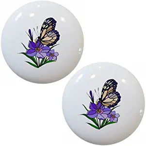 Set of 2 Butterfly Purple Flower Ceramic Cabinet Drawer Knobs