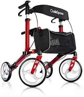 Deluxe Aluminum Rollator Walker, with 10’’ Wheels Compact Folding Design Lightweight Baking Finish by OasisSpace (Red)
