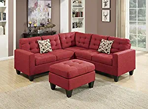 Poundex F6936 Bobkona Norton Linen-Like 4 Piece Sectional with Ottoman Set, Carmine