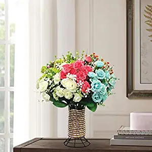 Yomais Artificial Flowers with Vase, 8 Bundles Fake Flowers Bouquet with Vase Lifelike Natural Flower Arrangements for Home Garden Party Wedding Office Decoration (8 Pack with Cylinder Shape Vase)