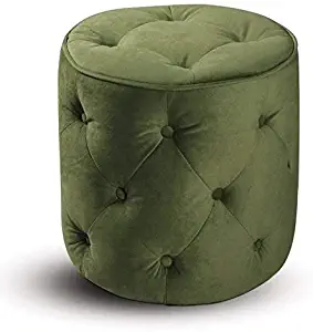 AVE SIX Curves Tufted Round Ottoman with Espresso Finish Solid Wood Legs, Spring Green Velvet Fabric