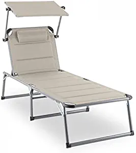 BLUMFELDT Amalfi • Outdoor Portable Folding Lounge Chair • 5 Reclining Positions • Sunshade • Adjustable Pillow • Resistant Polyester Cover • Beige