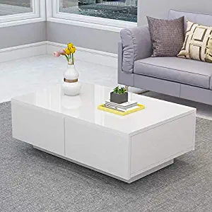 Cocoarm Modern Glossy White Coffee Table,Cocktail End Table with 4 Drawers Suit for Living Room,Easy Assembly