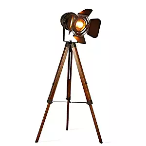 Decoluce Vintage Tripod Floor Lamp,Nautical Teatre Retro Spotlight,Industrial Decor Wooden Light Fixtures,Cinema Movie Props,(Without Edison light bulbs)