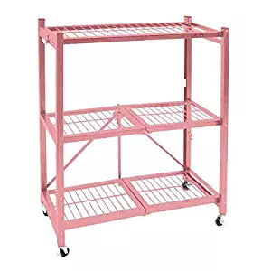 Origami 3-Shelf General Purpose Collapsible/Foldable Shelving Unit, Small Rack with Wheels | Organizer, Rolling Cart, Home Kitchen Laundry Closet Storage, Metal Wire, Pre-Assembled | Coral