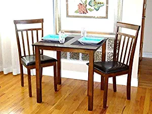 Rattan Wicker Furniture Dining Kitchen Set of 3 pcs Square Table and 2 Classic Solid Wooden Chairs Warm in Dark Walnut Finish