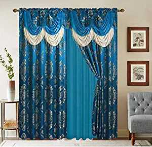 Rod Pocket Jacquard Window 84 Inch Length Curtain Drape Panels w/ attached Valance + Sheer Backing + 2 Tassels - 84" Floral Curtain Drape set for Living and dining rooms - Heavy Quality - Turquoise