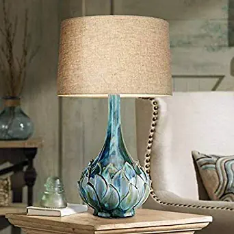 Kenya Modern Table Lamp Ceramic Blue Petals Vase Handmade Beige Linen Drum Shade for Living Room Family Bedroom - Possini Euro Design