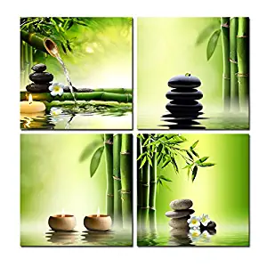 Pyradecor 4 Panel Perfect Bamboo Green Pictures Paintings on Canvas Prints Wall Art Large Modern Gallery Wrapped Zen Giclee Artwork for Living Room Bedroom Home Office Decorations