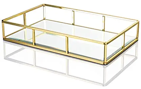 Display4top Tray Mirror,Decorative Countertop Organizer,Vintage Gold Mirrored Glass Metal Tray Ornate Tray Jewelry Perfume Organizer Makeup Tray for Vanity,Dresser,Bathroom,Bedroom(12”x7.4"x2")