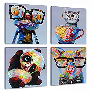 Animal Picture Wall Art Modern Lovely Panda Happy Frog with Glasses Artwork Cartoon Images Oil Painting Print on Canvas for Kids Room Living Room Decoration