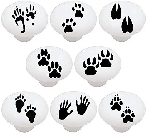 SET OF 8 KNOBS - Animal Tracks Paw Prints - DECORATIVE Glossy CERAMIC Drawer PULL Dresser KNOB