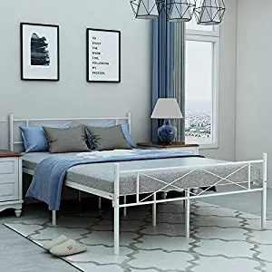Elegant Home Products Victorian Style Platform Metal Bed Frame Foundation Headboard Footboard Heavy Duty Steel Slabs Full Size in White Finish 720FW (Full)