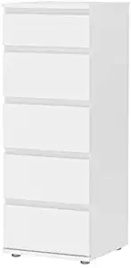 Pemberly Row Modern Sturdy 5 Drawer Tall Narrow Chest in White for Bedroom Storage Cabinet, Lingerie Chest, Accent Cabinets