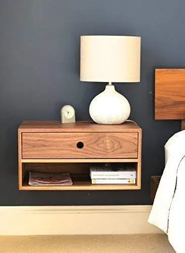 Floating Nightstand with Drawer and Open Shelf in Solid Walnut