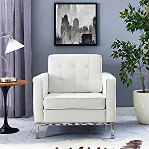 Modway Loft Upholstered Genuine Leather Mid-Century Modern Accent Arm Lounge Chair in Cream White