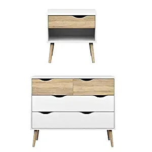 Tvilum Diana 2 Piece Mid Century Modern Chest and Nightstand Set in White and Oak