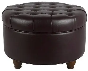 HomePop Large Button Tufted Round Storage Ottoman, Brown Faux Leather