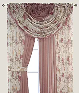 Complete Window Sheer Voile Curtain Panel Set with 4 Attached Panels (55x84 Each) and 2 Attached Valances with Beads and 2 Tiebacks - Easy Installation - Multicolor Floral Rose and Solid Taupe/Brown