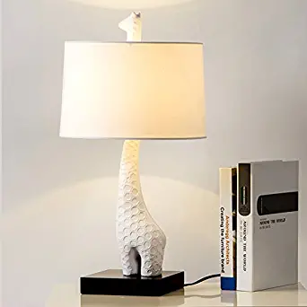 Crayom Bedroom Bedside Table Lamp Simple Modern Nordic White Resin Giraffe Shape Desk Light Creativity Warm Marriage Gift Table Light with Cloth Lampshade