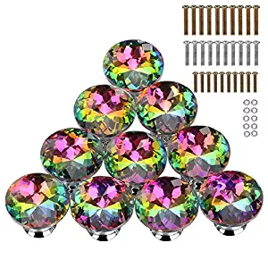HOMEIDEAS 10PCS 30MM Colorful Crystal Glass Cabinet Knob Cupboard Drawer Pull Handle,3 Size Screws