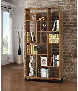 Asymmetrical Shelf Wood Bookcase, Extra Space for Displaying Photos and Books, Solid Construction, Open Back, Suitable for Living Room, Home Office, Antique Nutmeg Finish + Expert Guide