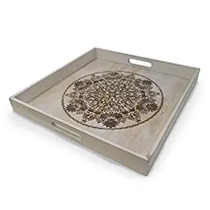 gbHome GH-6793 Decorative Wooden Serving Tray With Engraved Art, Ottoman Breakfast Tray For Carrying Drinks Letters Mail, 15.75 x 15.75 in (40 x 40 cm) Display Piece, Rustic Antique Distressed Look