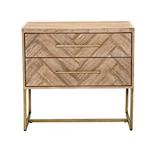 MAKLAINE Nightstand with Two Storage Drawer in Stone Wash and Brushed Gold Acacia Veneer and Metal, Transitional Style and Herringbone Pattern, No Assembly Required