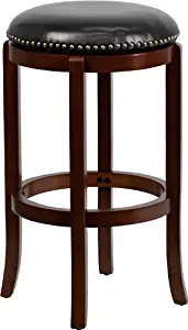 Flash Furniture 29'' High Backless Cherry Wood Barstool with Black Leather Swivel Seat