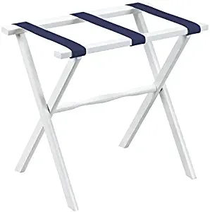 Fine Folding Furniture Gate House Furniture White Wood Folding Luggage Rack with Straight Legs and Navy Straps