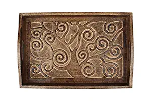 storeindya Tree of Life Hand Carved Wooden Breakfast Serving Tray with Handle for Tea Snack Dessert Kitchen Dining Serve-Ware Accessories 15 x 10 Inches